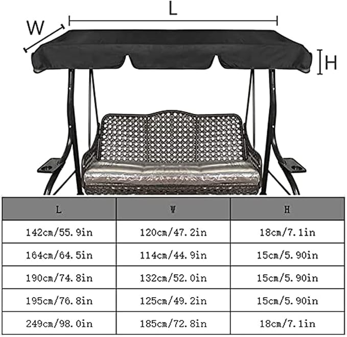 Garden Swing Canopy Replacement for 2 &amp 3 Seater Outdoor Patio Swing Water Resistant Hammock Cover with Sun Shelter for Seat Furniture (Grey 249 * 185 * 18cm)