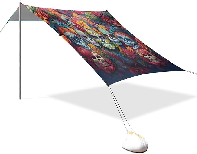ALAZA Sugar Skulls Day of Dead Beach Tent Sun Shelter UPF50+ Protection Beach Shade Canopy w/ 4 Sandbags for Outdoor Camping Fishing Backyard Fun Picnic 10x9 ft