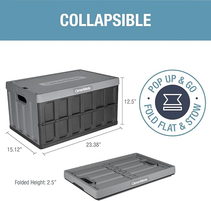 CleverMade Collapsible Storage Bins with Lids 62L – Heavy Duty Foldable Plastic Storage Crates for Garage Closet &amp Trunk Organization - Stone