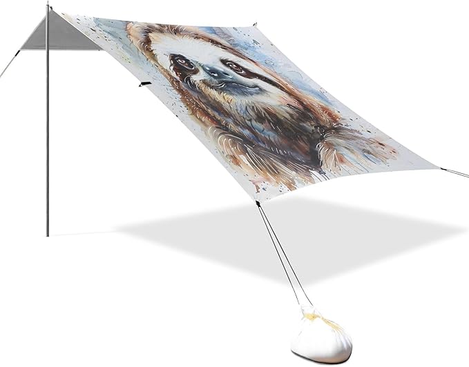 ALAZA Sloth Portrait Watercolour Beach Tent Sun Shelter UPF50+ Protection Beach Shade Canopy w/ 4 Sandbags for Outdoor Camping Fishing Backyard Fun Picnic 10x9 ft