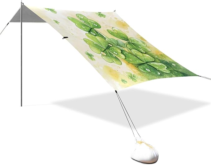 xigua St. Patrick's Day Clover Beach Tent Sun Shelter with Carrying Bag - Silver Coated Oxford Fabric Beach Canopy for Beach Camping Fishing - Includes Windproof Ropes Sandbags &amp Stakes