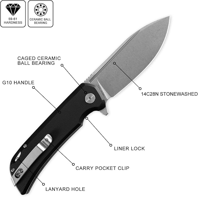 Petrified fish PFB05 Tunny Folding Knife3.86 14C28N Steel Stonewashed Blade G10 Handle Folding knife for EDC Camping Outdoor (Black Stonewashed)