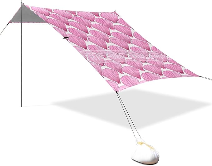xigua Scallop Beach Tent Sun Shelter with Carrying Bag - Silver Coated Oxford Fabric Beach Canopy for Beach Camping Fishing - Includes Windproof Ropes Sandbags &amp Stakes
