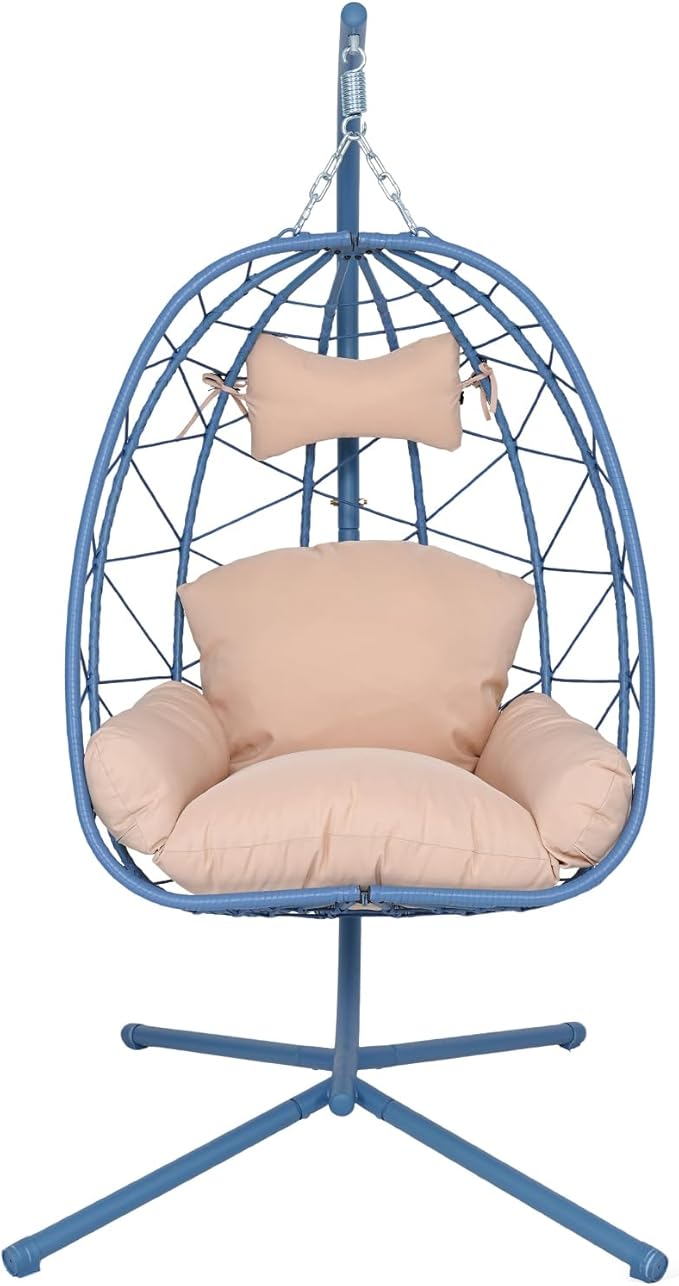 Hanging Egg Chair with Stand Outdoor Indoor Patio Rattan Swing Hammock Chairs with Washable Cushion PE Wicker Swing Chair for Backyard Bedroom Garden (Blue + Beige Cushion No Footrest)