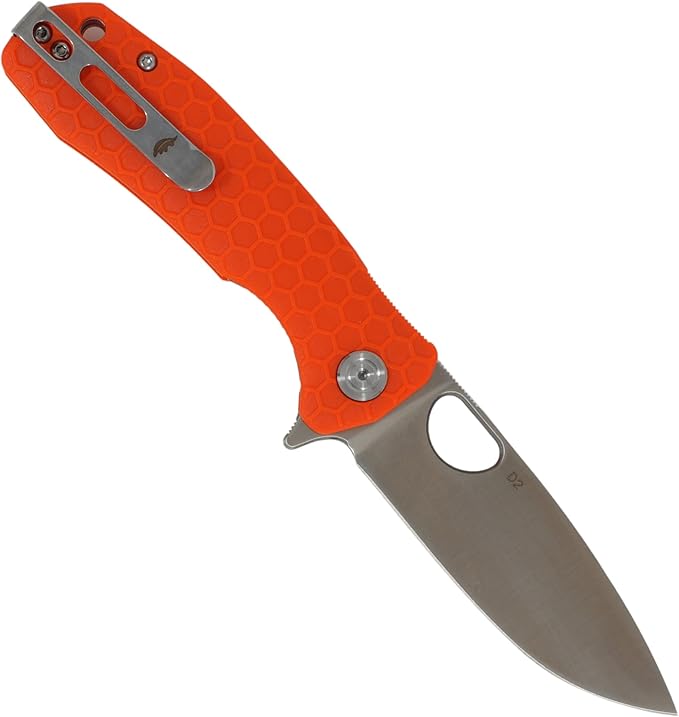 Honey Badger Large Pocket Knife EDC Drop Point Folding Utility Knife 3.6 Steel Blade Reversible Pocket Clip - (3.8oz) Drop Point Large Orange D2 HB1044