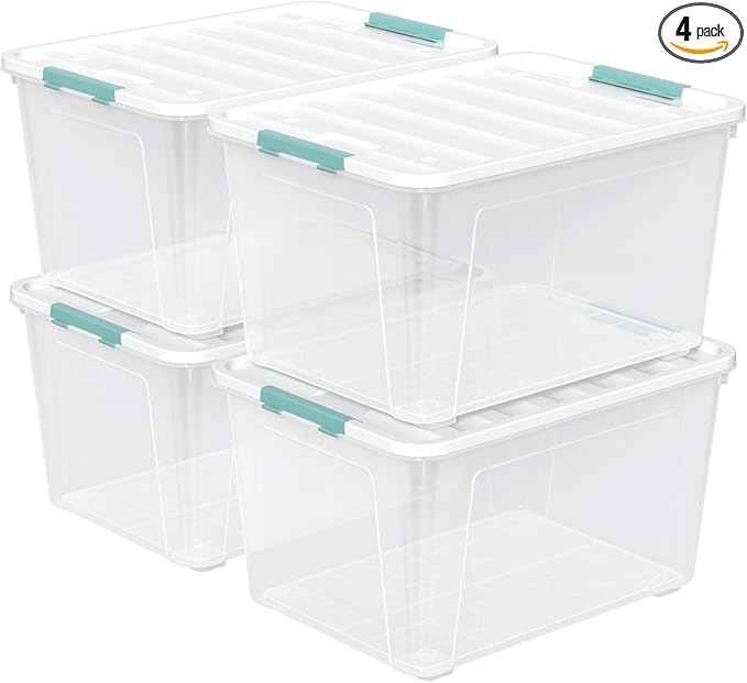 4-Pack 85 Quart Plastic Storage Bin Stackable and Nestable Storage Boxes with White Lids and Secure Latching Buckles Large Storage Container