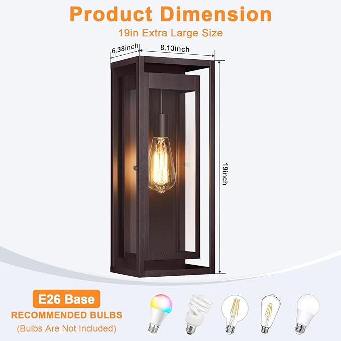 Large Outdoor Wall Sconce 2 Pack 19 Bronze Outdoor Light Fixture Exterior Lighting Fixtures Anti-Rust Porch Lights with Clear Glass for Front Door Garage