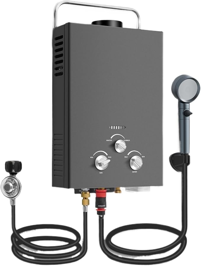 6L Portable Natural Gas 1.58GPM Instant Hot Shower for Camping/RV 40K BTU Tankless Water Heater(Black)