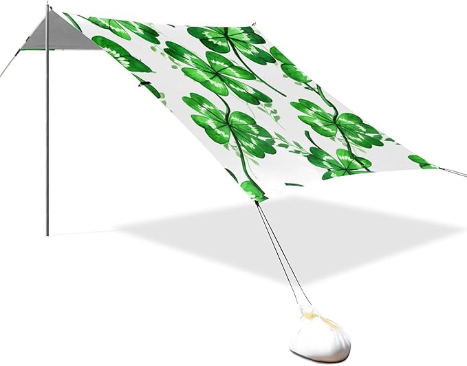 Beach Canopy with Windproof Ropes &amp Sandbags Beach Tent Sun Shade Sun Shelter for Camping Trips Fishing Backyard Fun or Picnics St. Patrick's Day Clover