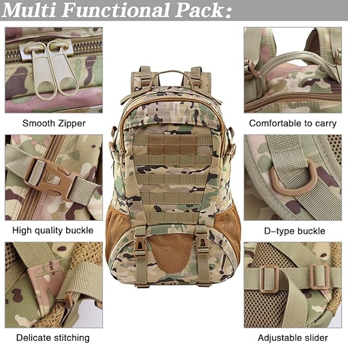 LIMHOO Tactical Backpack for Men Military Molle Bag Hiking Day Pack 27L Army Waterproof EDC Rucksack with USA Flag Patch (Cp Camo 2)