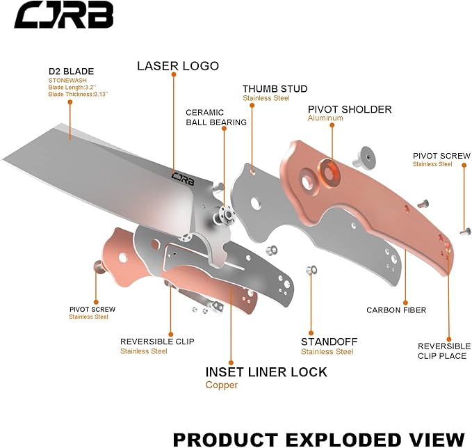 CJRB Crag Folding Pocket Knife 3.43 D2 Steel Blade Copper Handle EDC Knife with Pocket Clip for Men Women Camping Survival Hiking Stone Wash (J1904)