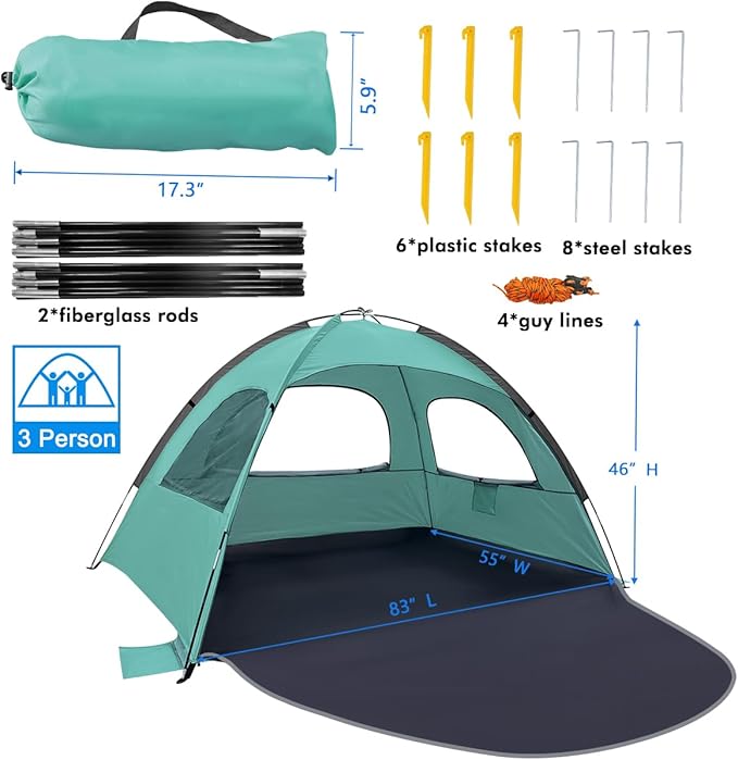 WhiteFang Beach Tent Anti-UV Portable Sun Shade Shelter for 3/4/6/8 Person Extendable Floor with 3 Ventilating Mesh Windows Plus Carrying Bag Stakes and Guy Lines