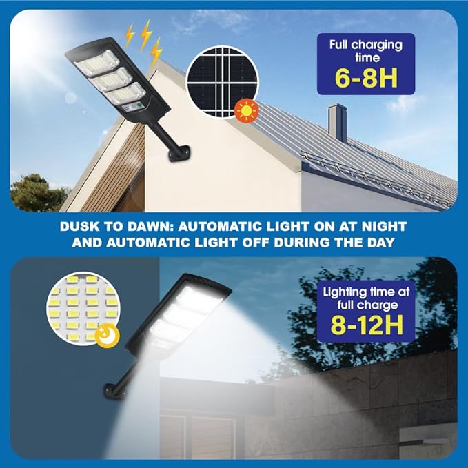Solar Outdoor Light 2 Pack 144 LED 6500K Dusk to Dawn Solar Powered Street Light IP65 Waterproof Motion Sensor Security Flood Light with Remote Control Smart Light for Patio Barn Yard Garage