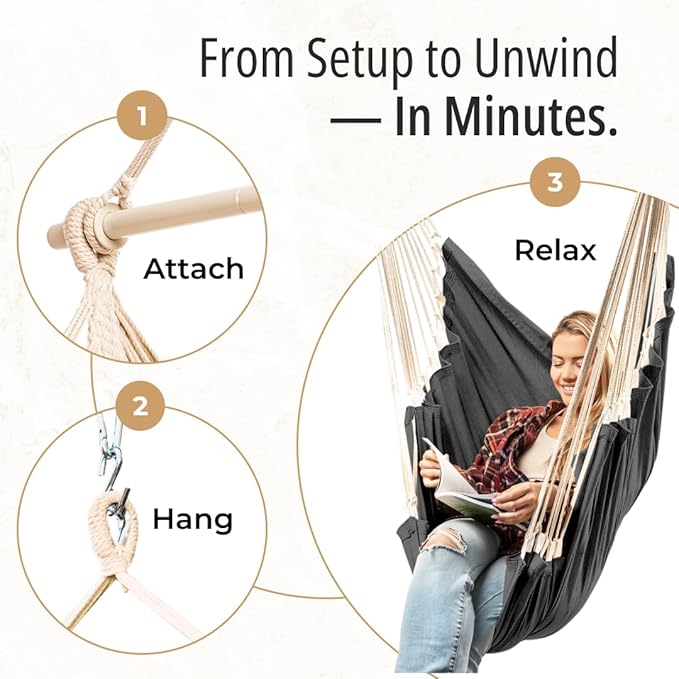 Hanging Hammock Chair Swing – Hanging Chair Outdoor &amp Indoor - Hammock Swing Chair – Quick &amp Easy Setup with Hardware Kit – Durable &amp Spacious Full Body Support – Holds 440 Lbs