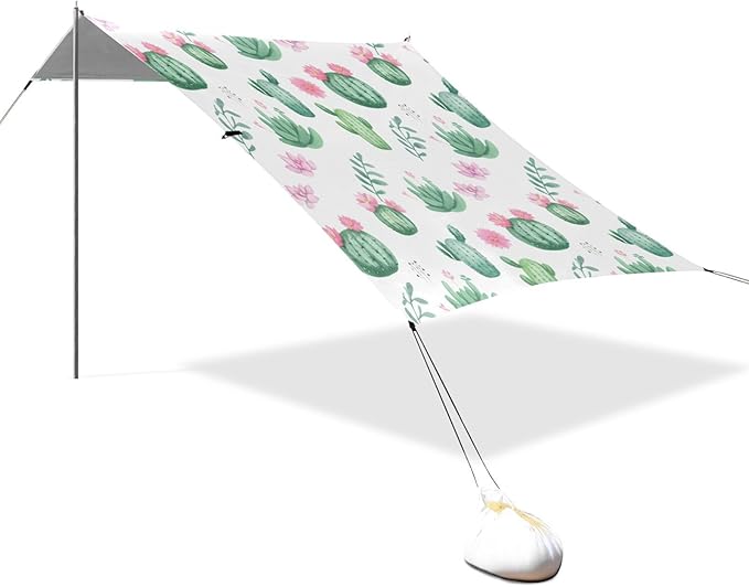 Beach Canopy with Windproof Ropes &amp Sandbags Beach Tent Sun Shade Sun Shelter for Camping Trips Fishing Backyard Fun or Picnics Cactus