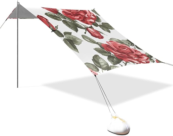 ALAZA Red Roses Sseamless on White Beach Tent Sun Shelter Portable Canopy Sunshade for Outdoor Camping Picnics Backyard Fun 10x9 ft