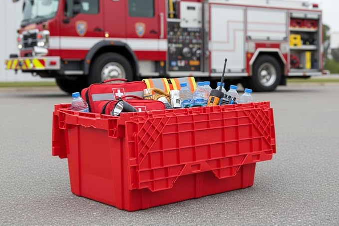Hudson Exchange 27.3 x 17.2 x 12.6 (3 Pack) Storage Tote Distribution Container with Hinged Attached Lid Red