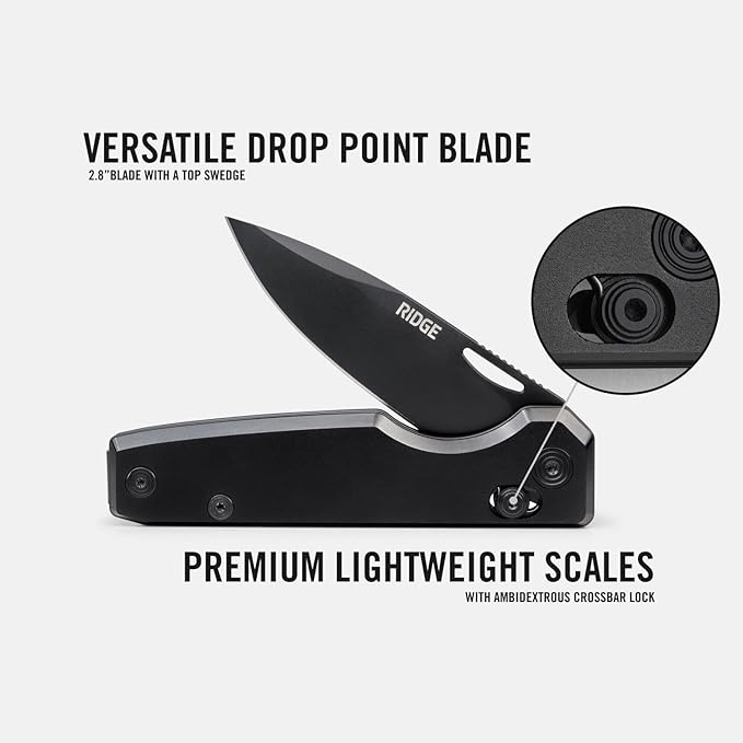 Ridge Everyday Folder Knife - Premium EDC Pocket Knife Sandvik 14C28N Steel Drop Point Blade with Black DLC Finish Ceramic Bearings Deep Carry Clip &amp Multipurpose Design (Royal Black)