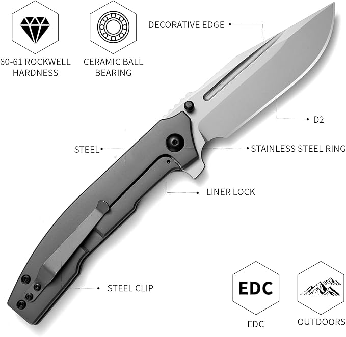 Tactical Folding Knife - 8.7in Overall Length 3.7in D2 Steel Blade Full Steel Handle EDC Pocket Knife for Camping Survival &amp Daily Carry