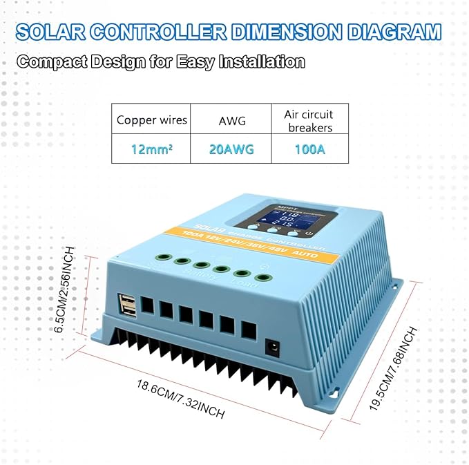 MPPT Solar Charger 60A/80A/100A Selectable Dual USB &amp 3-Stage Protection for Street Light/Home Power Systems LCD Display (80A)