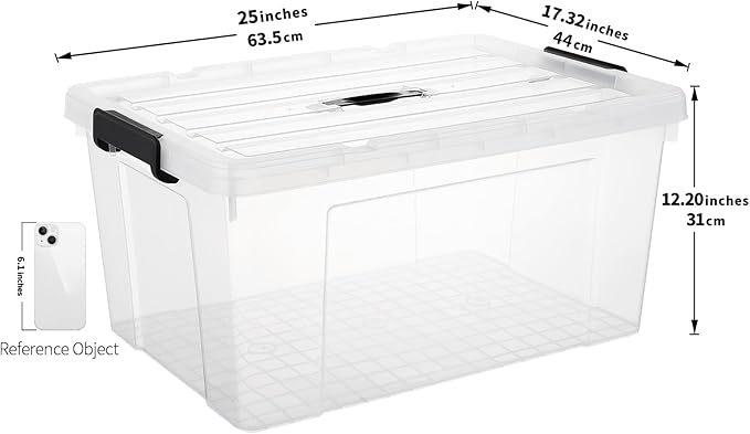 Cetomo Lidded Storage Bin with Handle Tote Organizing Container with Wheels Lid and Secure Latching Buckles Stackable and Nestable Plastic 72 Quart-6 Pack Clear