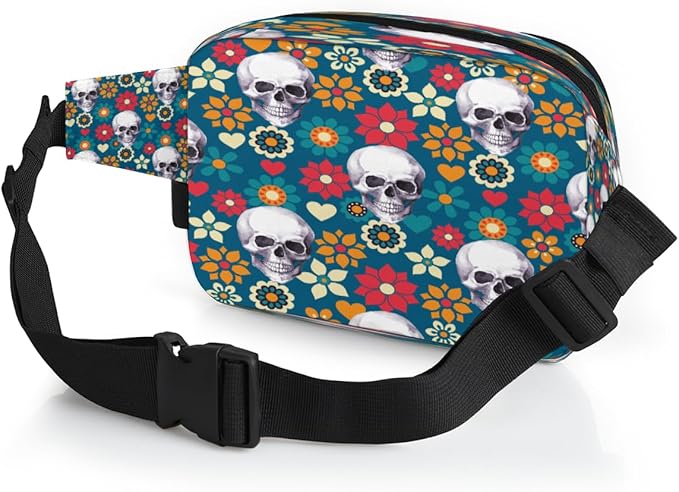 Vintage Skulls Flowers Waterproof Fanny Pack for Women Men Adjustable Waist Bag with Double Zipper Pockets Lightweight Square Hip Pack for Running Travel Hiking Workout Cycling