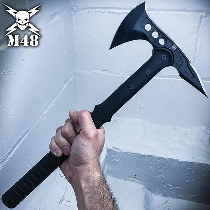 M48 Tactical Tomahawk Military Axe - Black Color | 3 ⅞” Cast Stainless Steel Combat Axe with Piercing Spike | Nylon Cord Wrapped Fiberglass Handle | Camping and Tactical Gear | 15” Length