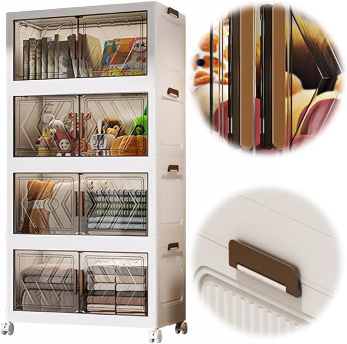 ETOYA 4-Tier Stackable Storage Bins with Lids 23QT Stackable Closet Organizers and Storage with Wheels and Magnetic Doors Foldable Plastic Storage Containers for Seasonal Clothes Toys Tools