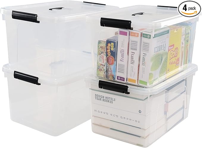 Esdiplot 4 Pack 17.5 L Clear Plastic Storage Box with Handle Stackable Latching Container Bins with Lid