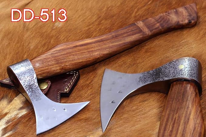 Damascus Depot Tomahawk Axe Bearded Hiking Battle Axe 15 Inches Long Hand Hammered Carbon Steel Axe with Rose Wood Round Handle Thick Cow Hide Leather Sheath