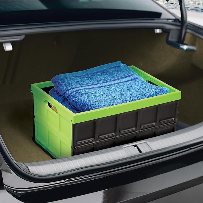 Glad Collapsible Storage Bin with Lid - 48L Foldable Plastic Box for Garage Car Trunk and Organization - Stackable Lidded Container with Handles Green