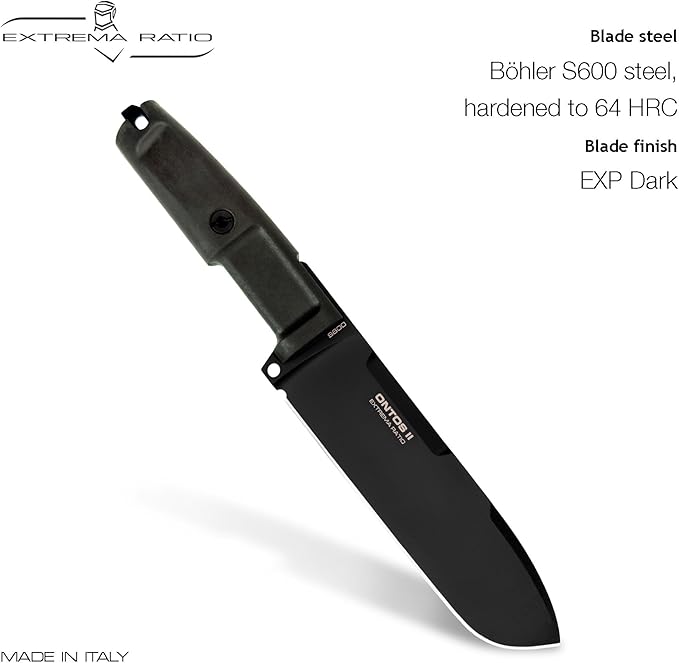Extrema Ratio - Ontos II S600 (BLACK) Fixed Blade Knife S600 steel blade hardened to 58 HRC black burnished finish paracord-wrapped handle rear striking pommel handcrafted in Italy