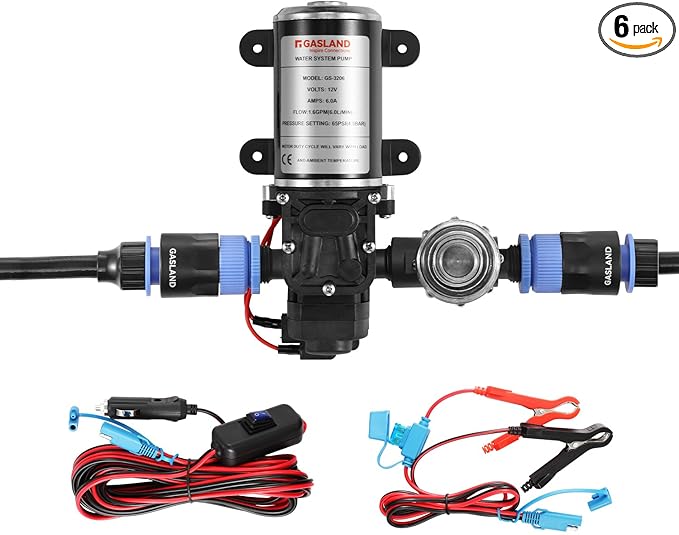GASLAND 12V Water Pump Kit 1.6 GPM Camper Water Pressure Pump with Pressure Switch 65 PSI Self Priming Diaphragm Pump for Camper Boat Marine RV Kitchen Bathroom Gas Hot Water System