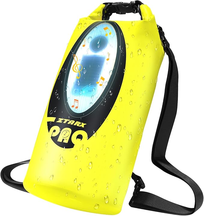 FELICON Solar/Battery Multi-Functional Backpack with Bluetooth SpeakerIP66 Waterproof Dry BagHeavy Duty Roll Top ClosureLarge Capacity Bag for CampingHikingTraveling (Neon Yellow 10L)