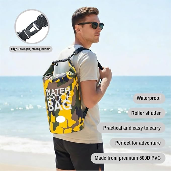 Waterproof Dry Bag Set of 3 (15L 20L 30L) - PVC Roll Top Dry Bags Waterproof - Backpack for Kayaking Camping Beach &amp Travel (Camouflage: light blue pink and yellow)