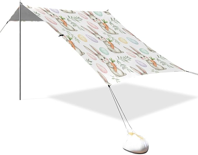 xigua Easter Bunny Beach Tent Sun Shelter with Carrying Bag - Silver Coated Oxford Fabric Beach Canopy for Beach Camping Fishing - Includes Windproof Ropes Sandbags &amp Stakes