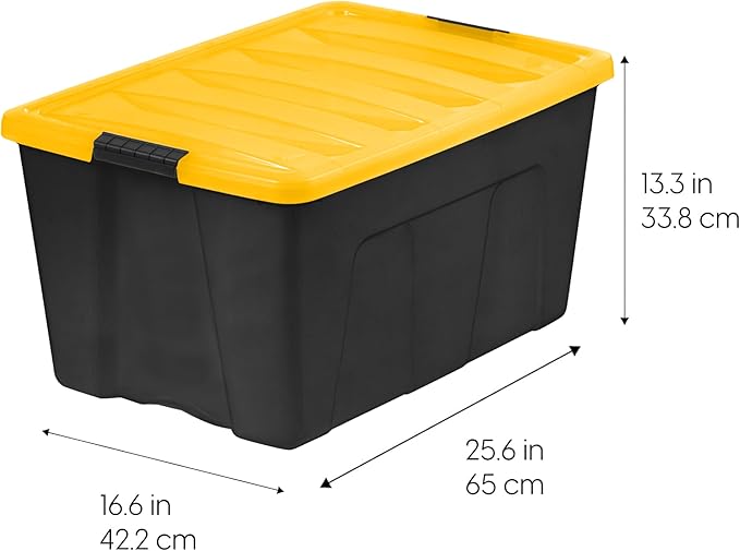 IRIS USA 72 Qt Stackable Plastic Storage Bins with Lids 6 Pack - BPA-Free Made in USA - Garage Organizing Solution Latches Durable Nestable Containers Secure Pull Handle - Black/Yellow