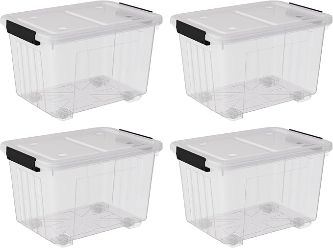 4-Pack 30 Liter Clear Latch Storage Box Large Plastic Storage Bins with Wheels