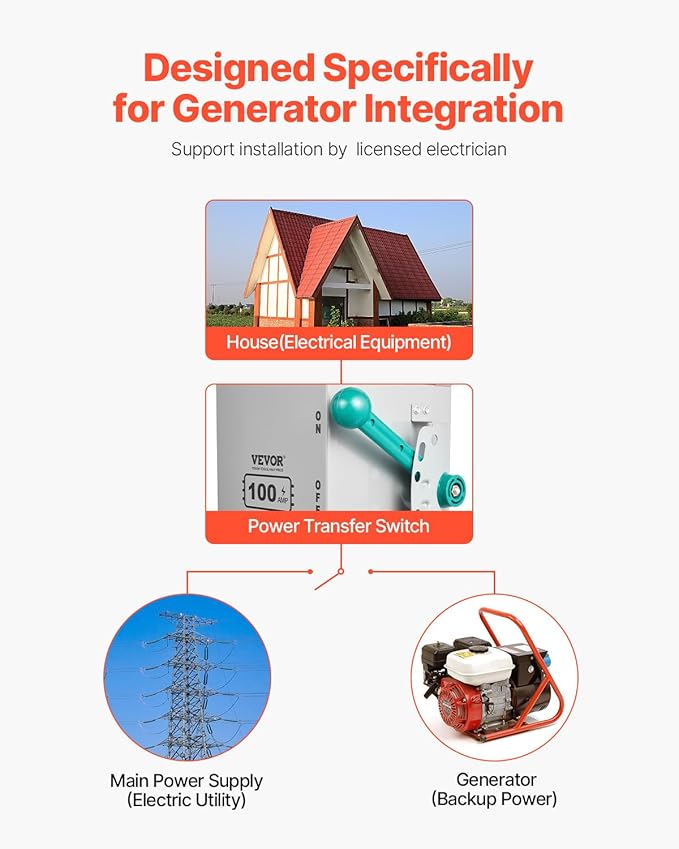 VEVOR 100A Manual Transfer Switch Generator Transfer Switch for Home 24000W Double-Throw Safety Switch NEMA 3R Outdoor/Indoor ETL Certified