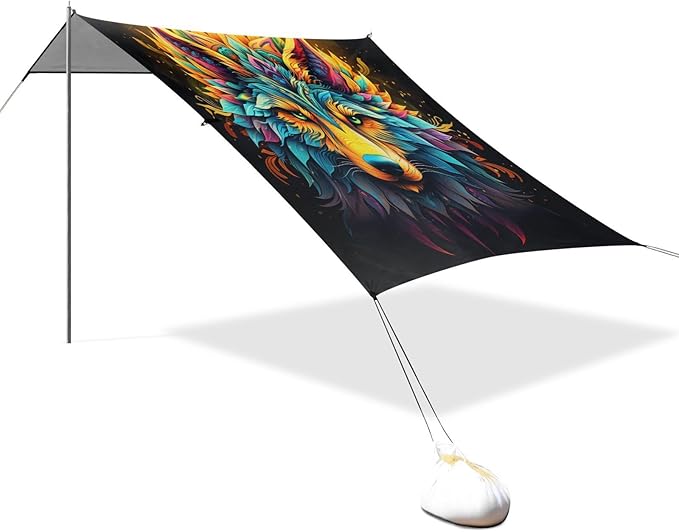 ALAZA Wolf Boho Beach Tent Sun Shelter UPF50+ Protection Beach Shade Canopy w/ 4 Sandbags for Outdoor Camping Fishing Backyard Fun Picnic 10x9 ft