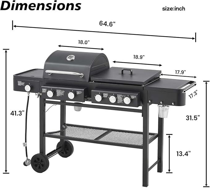 5 Burners Propane Gas Grill and Griddle Combo with Side Burner 3 in 1 Griddle Grill and Porcelain-Enameled Cast Iron Grates 56000 BTU Outdoor Cooking Barbecue Grill Black