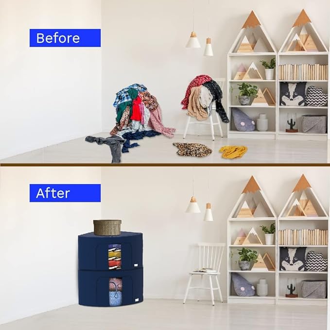 Foldable Clothes Storage Bag Organizer Corner Pop Up Bins Strong Handle Quality Fabric for Collapsible Closet Boxes 2 Pack (Large Saphhire)