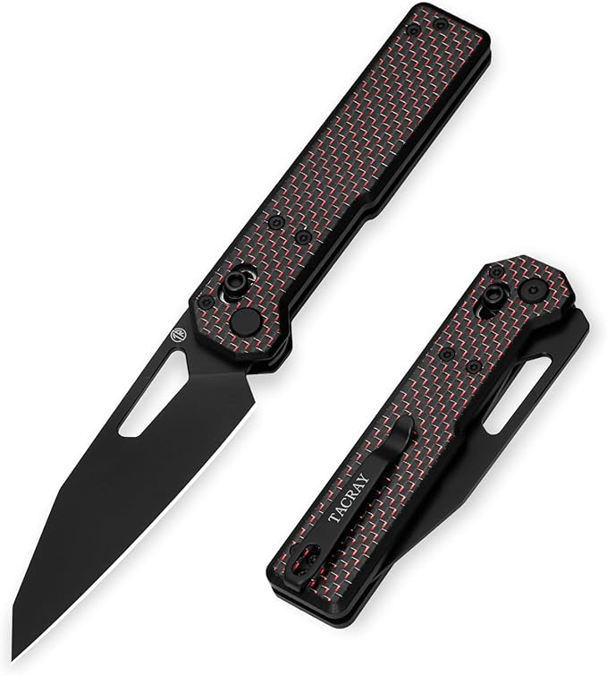 TACRAY Tarcus Folding Pocket Knife 3.5 D2 Steel DLC Blade Carbon Fiber Overlay Handle Lightweight EDC Knife with Crossbar Lock for Men and Women Ideal for Camping Hiking and Survival