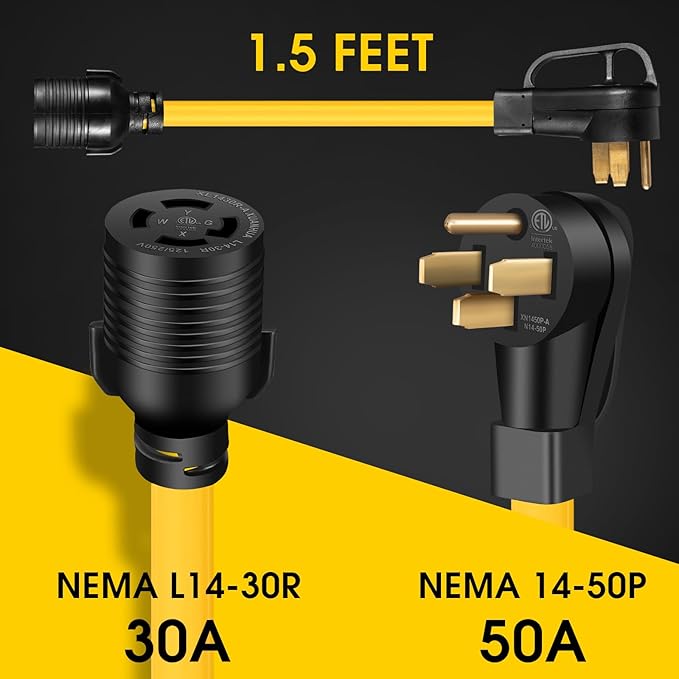 Generator Transfer Switch Adapter Cord 14-50P Male to L14-30R Female 50 Amp to 4 Prong Generator Plug Adapter Generator to House Adapter Cord 50Amp STW 10 AWG(1.5FT)