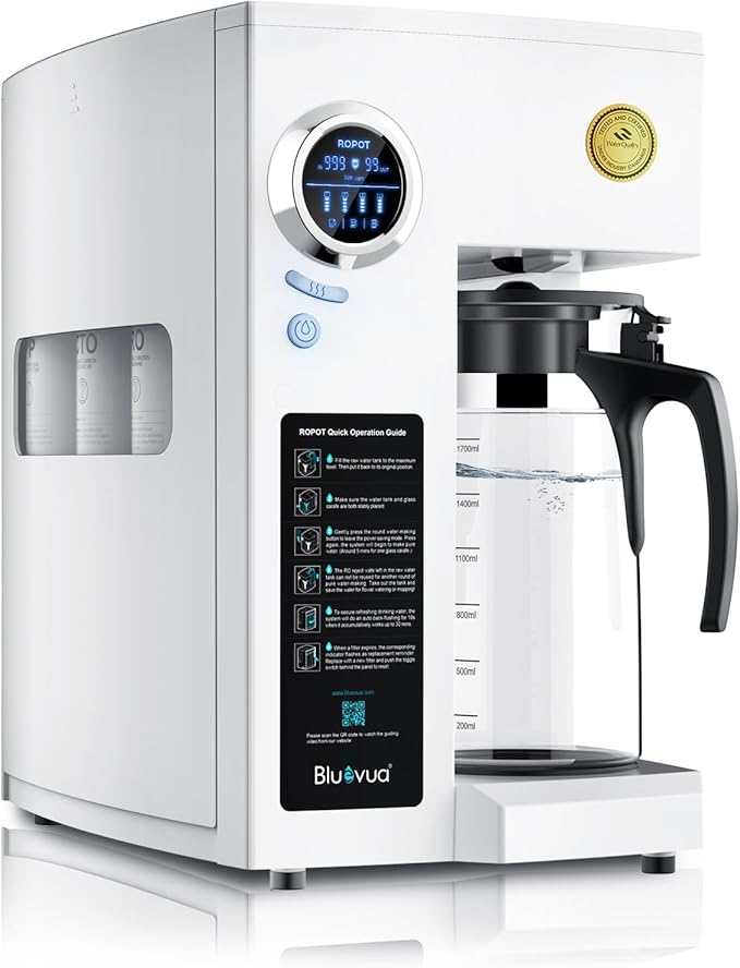 Bluevua RO100ROPOT Countertop Reverse Osmosis Water Filter System Portable RO Filtration with Remineralization No Installation WQA Certified - ROPOT-UV 6-Stage RO