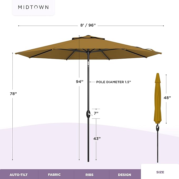 Midtown Umbrellas 10-Year-No-Fade - 8 Ft - UV Proof Sand (Tan) Polyester Fabric - Umbrella Outdoor Patio Auto-Tilt Aluminum Frame Patio Umbrella for Garden Pool &amp Deck - Black Pole