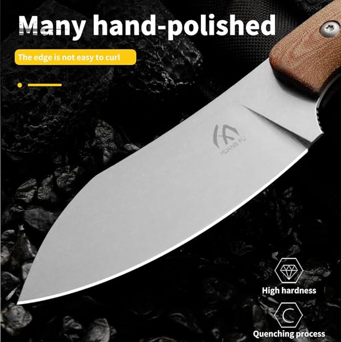HUANG FU D2 Steel Hunting Knife 10.23 Inches Fixed Blade with Glass Reinforced Nylon Handle Black