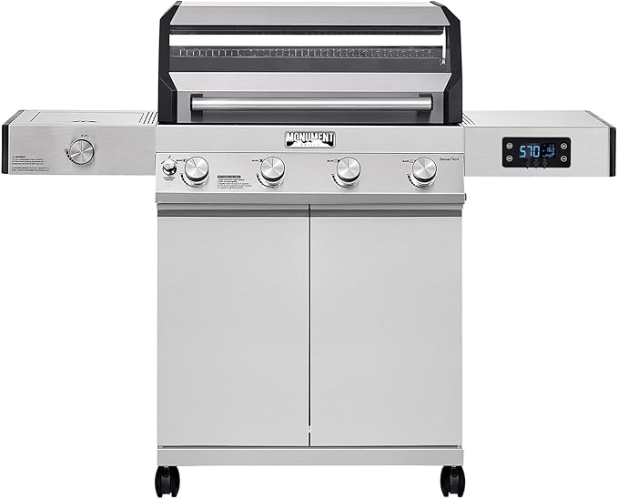 Monument Grills 4+1 Liquid Propane Gas Smart BBQ Grill 4 Burners &amp 1 Side Burner Denali 405 Stainless Steel with Smart technology Knob Controls Outdoor Use