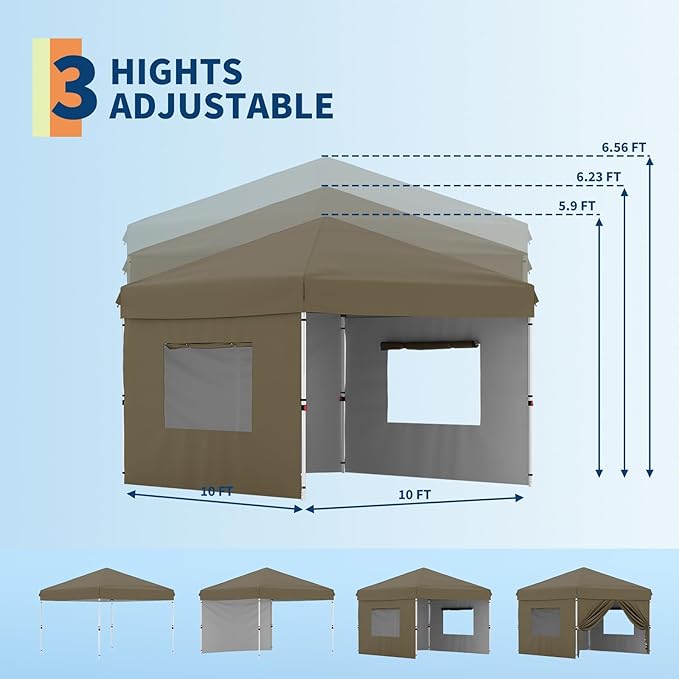 CABIHOME 10x10 Pop Up Canopy Tent Outdoor Instant Canopy with 3 Removable Sidewalls Heavy Duty Commercial Instant Shelter Waterproof &amp UV Resistant for Outdoor Events Camping Backyard (Brown
