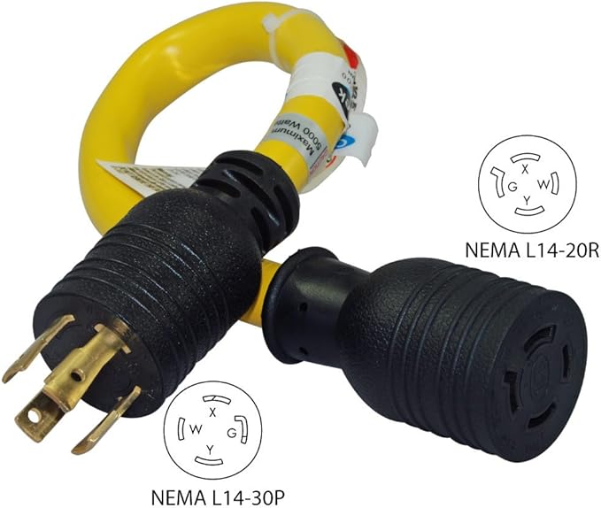 Conntek PL1430L1420 30-Amp 125/250-volt Model L14-30P Locking Plug for Model L14-20R 20-Amp 125/250-volt Locking Female Connector Adapter Cord Yellow with Black